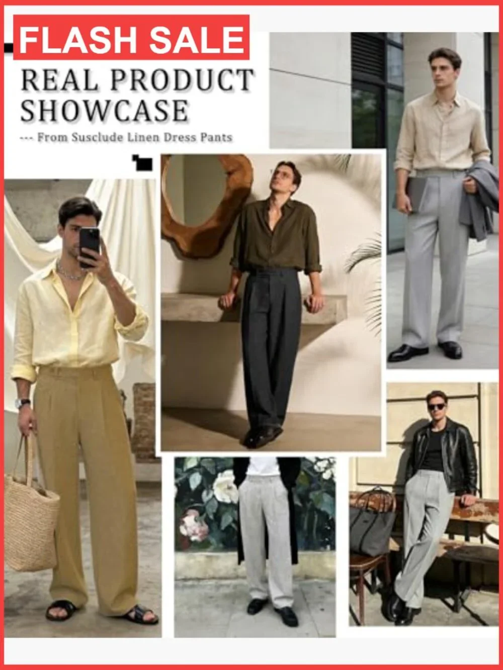 Men's Linen Wide Leg Trousers, Pleated Baggy Dress Pants